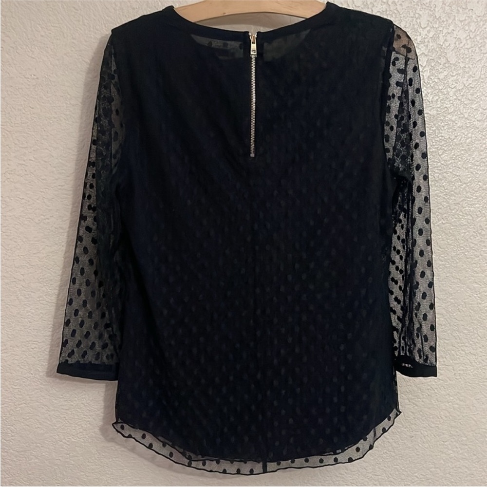 Ann Taylor | Black Sheer Long Sleeves Polkadot Overlay Zip Back Blouse Size M - Picture 4 of 6